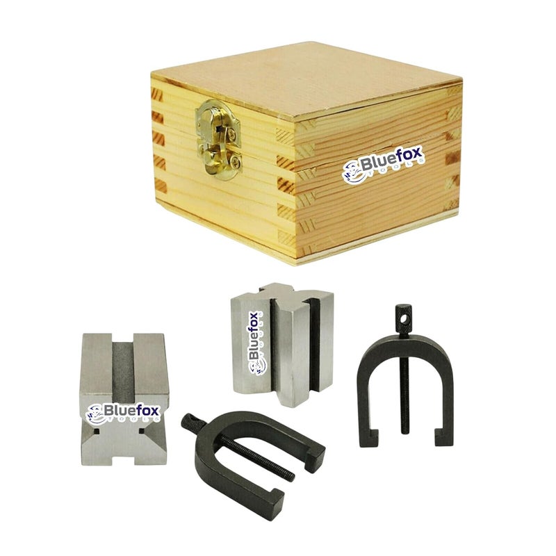 BLUE FOX V Block Set - Clamp Hardened Steel 90 Degree Angle Precision, 1-5/8x 1-1/4 x 1-1/4 | Mechanical Tool Set, Multi-Purpose Use for Machining & Layout | Engineering Product with Wooden Box - Image 2